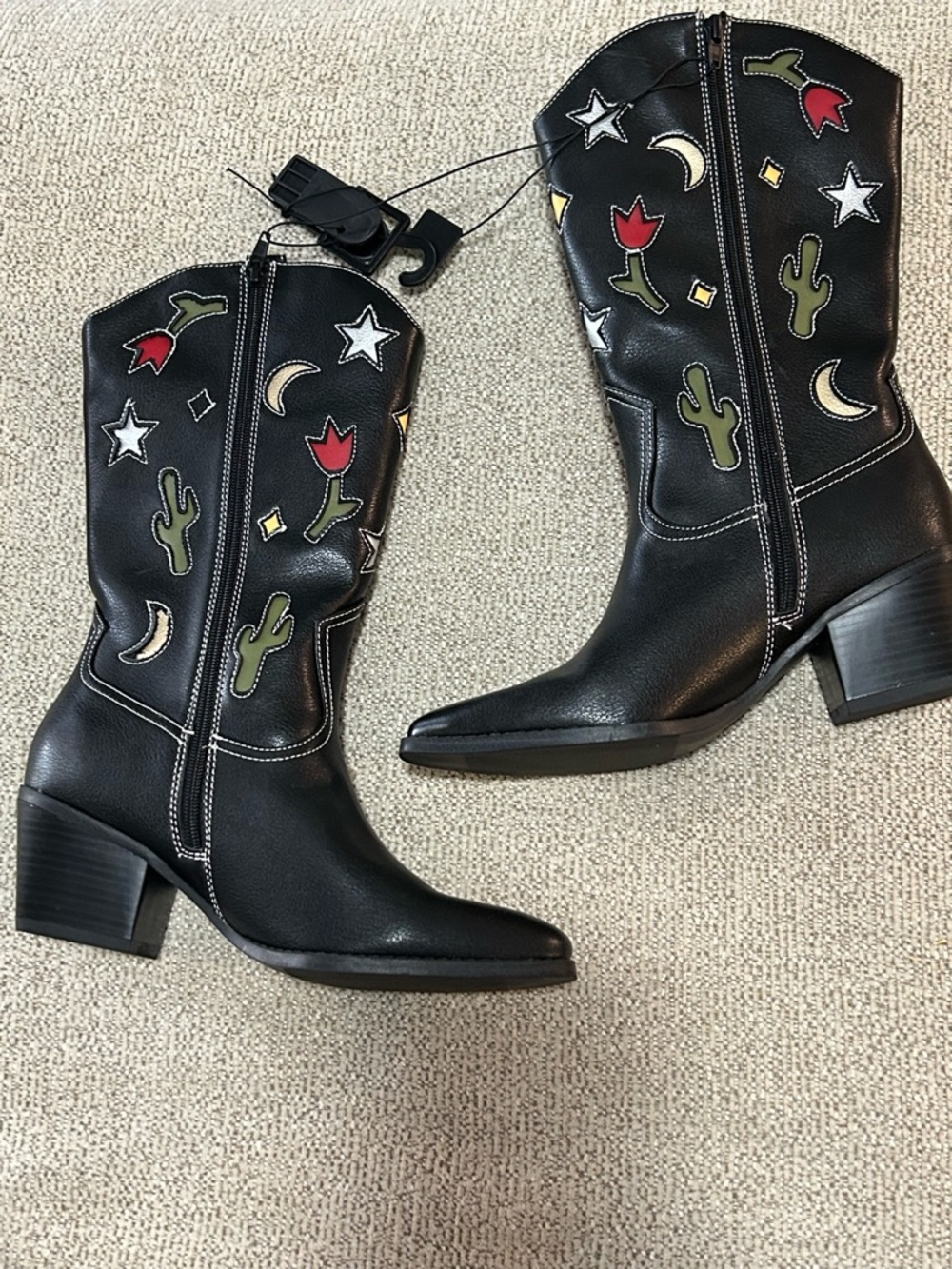 Black Embroidered Western Mid-Calf Heeled Boots - Floral & Cactus Accents sz 9